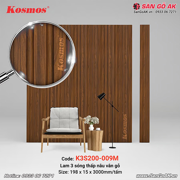 Lam sóng Kosmos K3S200-009M có thiết kế 3 sóng vân gỗ nâu