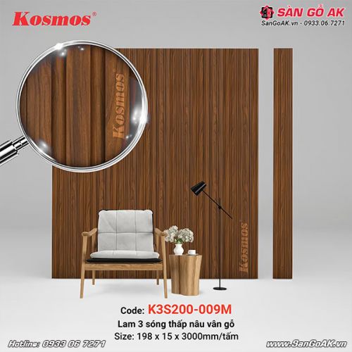 Tấm ốp nhựa lam 3 sóng thấp Kosmos K3S200-009M vân gỗ nâu