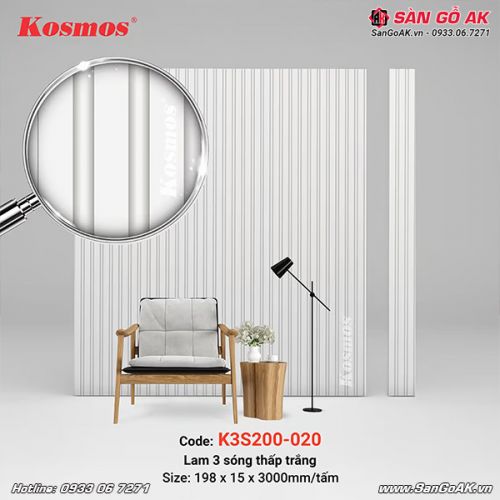 Tấm ốp nhựa lam 3 sóng thấp Kosmos K3S200-020 màu trắng