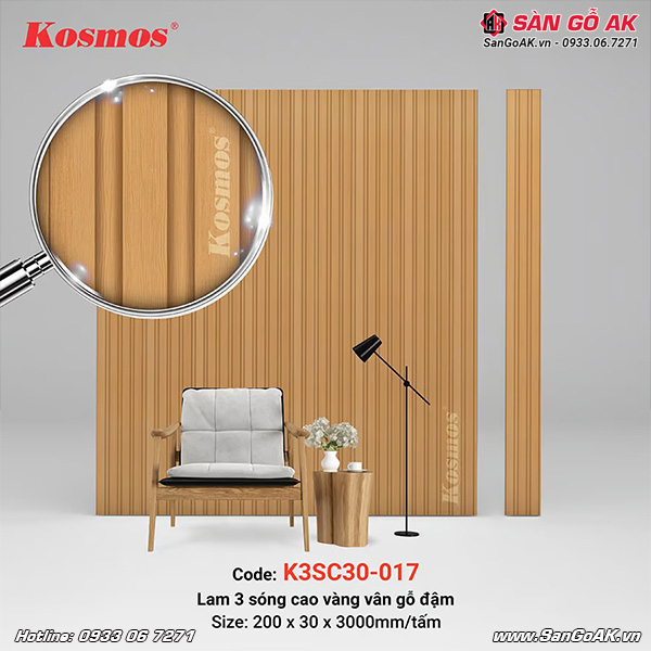 Lam sóng Kosmos K3SC30-017 có thiết kế 3 sóng cao vân gỗ sồi vàng đậm