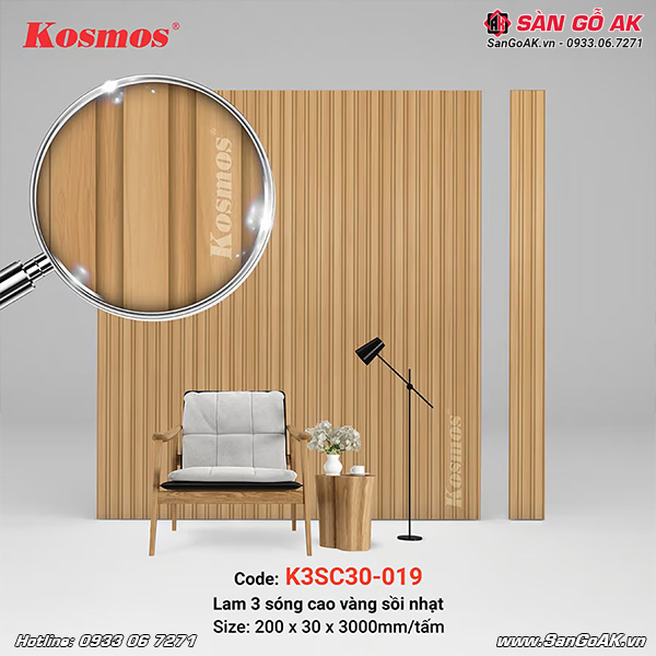 Lam sóng Kosmos K3SC30-019 có thiết kế 3 sóng cao vân gỗ sồi vàng nhạt