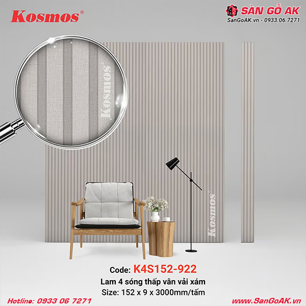  Lam sóng Kosmos K4S152-922 có thiết kế 3 sóng vân vải xám tinh tế