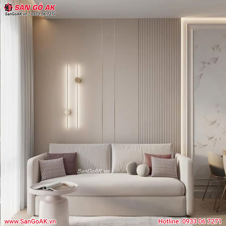 Lam sóng màu be, kết hợp đèn tường tạo phòng khách ấm cúng