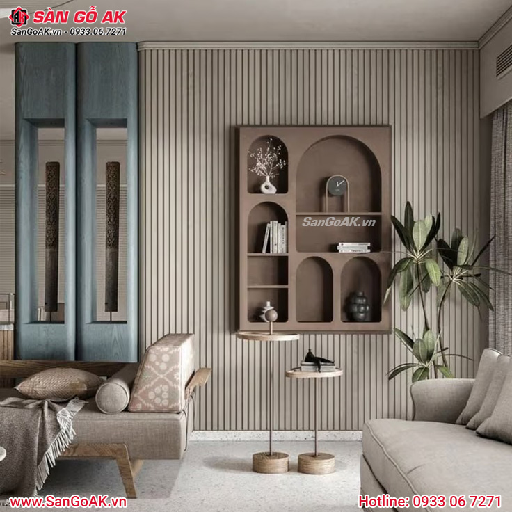 Lam sóng màu be, kết hợp với kệ gỗ và cây xanh độc đáo