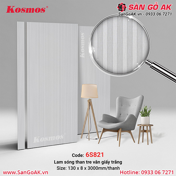 Tấm ốp lam 6 sóng than tre vân giấy trắng 6S821