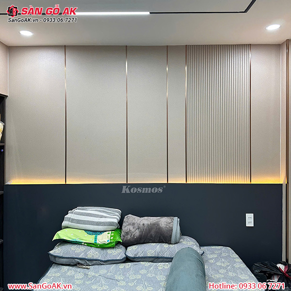 Ốp vách đầu giường phòng ngủ bằng lam sóng than tre vân vải