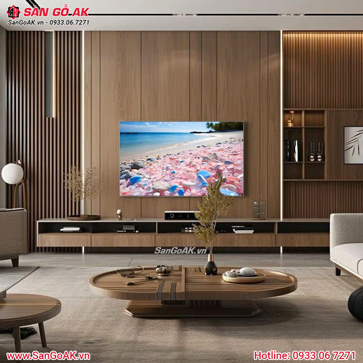 Lam sóng vân gỗ sẫm kết hợp kệ tivi hiện đại, sang trọng