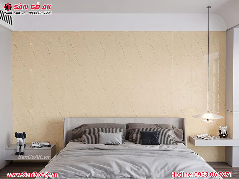 Mẫu tấm nhựa giả đá Marble vàng kem vân chỉ nâu ốp tường phòng ngủ