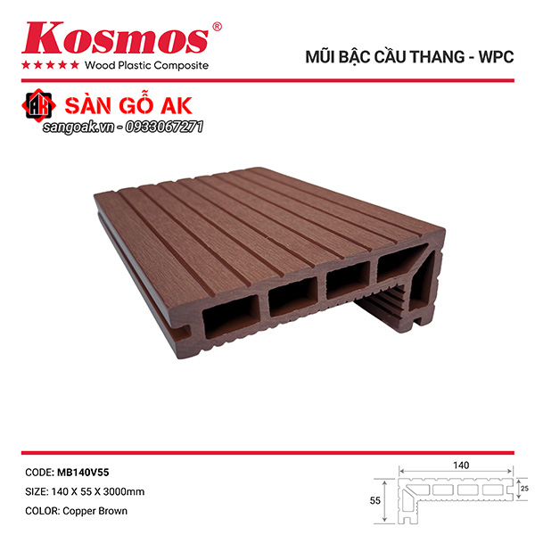 Mũi bậc cầu thang gỗ nhựa Kosmos MB140V55 màu nâu đồng Copper Brown