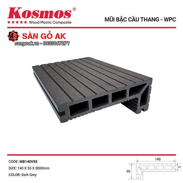 Mũi bậc cầu thang gỗ nhựa Kosmos MB140V55 màu đen xám Dark Grey