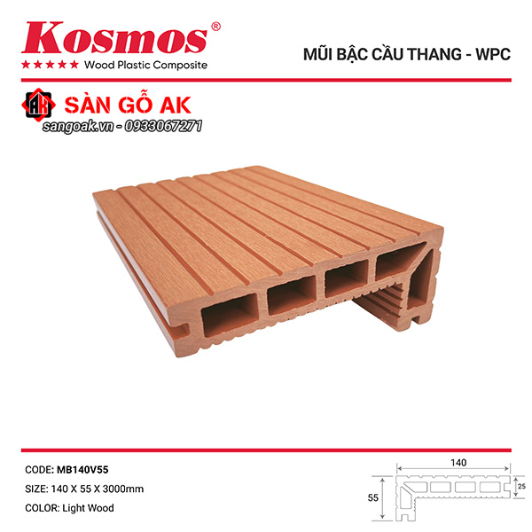 Mũi bậc cầu thang gỗ nhựa Kosmos MB140V55 màu gỗ sáng Light Wood