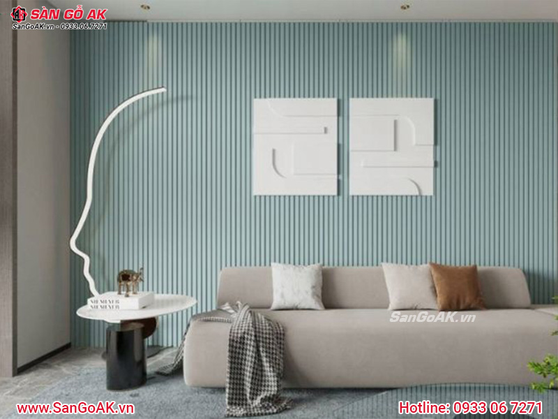 Ốp phòng khách nhẹ nhàng thanh lịch với lam sóng màu xanh pastel