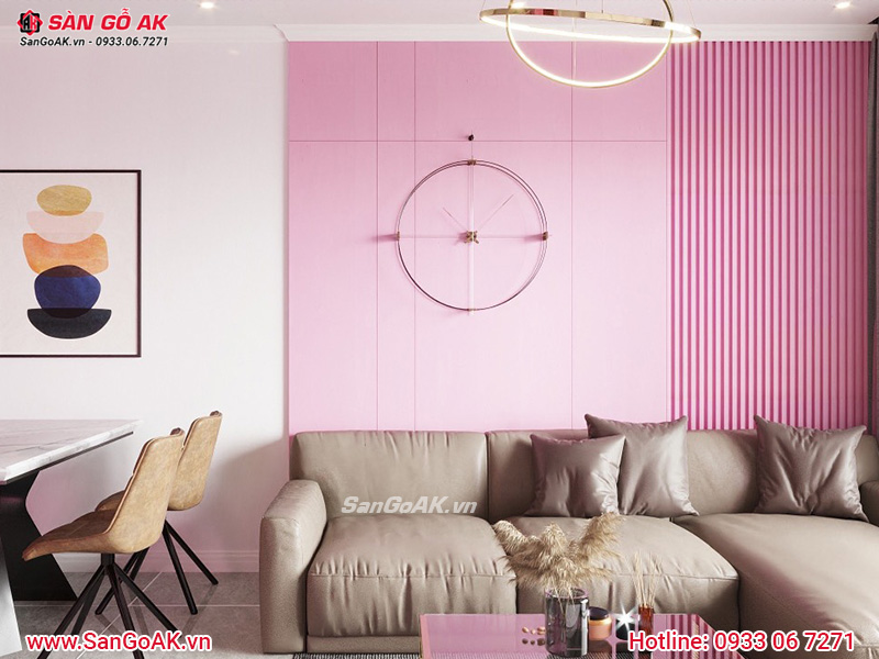 Tấm ốp nano kết hợp với lam sóng hồng cho phòng khách nổi bật