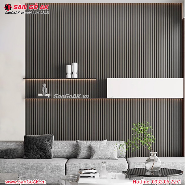Ốp tường phòng khách sang trọng với lam sóng màu xám ghi
