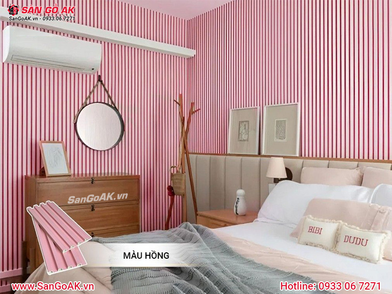 Ốp tường phòng ngủ bằng lam sóng màu hồng pastel