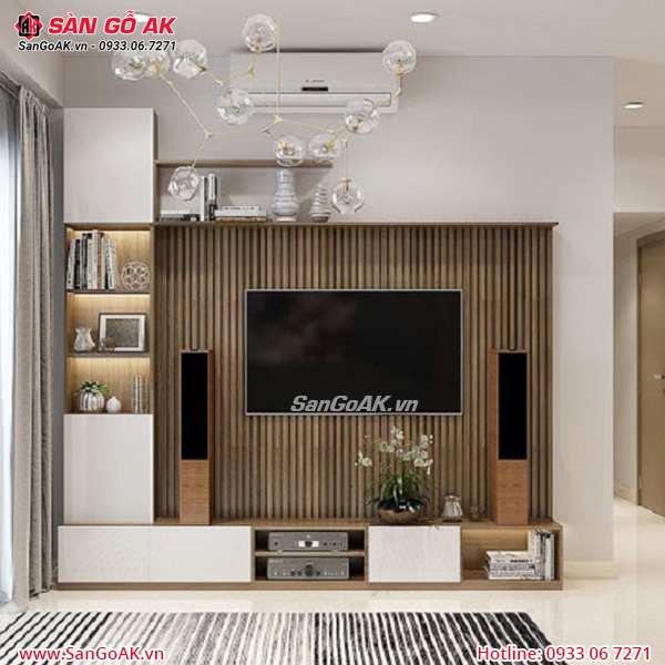Công trình ốp vách tivi bằng lam 3 sóng vân gỗ