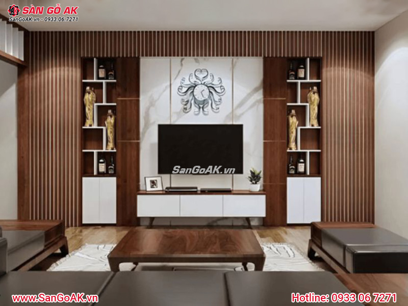 Ốp vách tivi phòng khách sang trọng với lam sóng PS sọc vân gỗ nâu