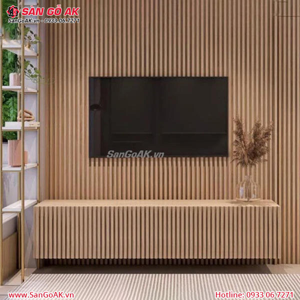 Trang trí vách tivi phòng khách sang trọng và ấn tượng với lam sóng vàng đậm