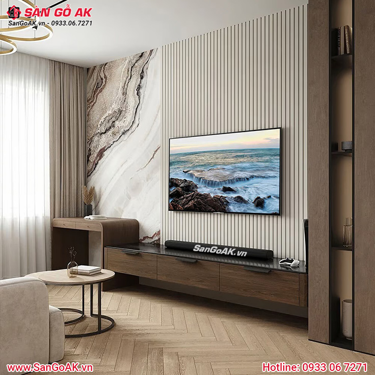 Phòng khách tối giản với lam sóng đơn sắc trắng