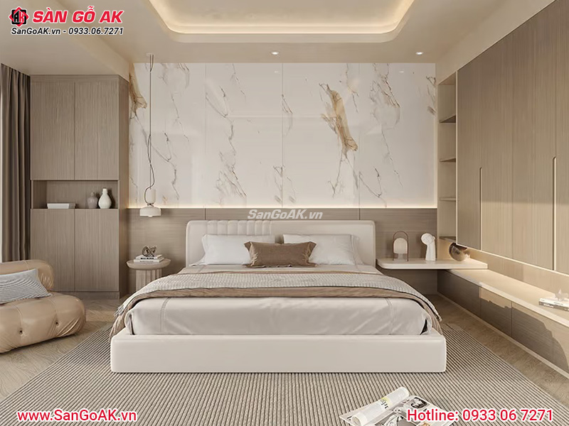 Phòng ngủ hiện đại với bức tường đầu giường ốp tấm nhựa vân đá trắng vân mây