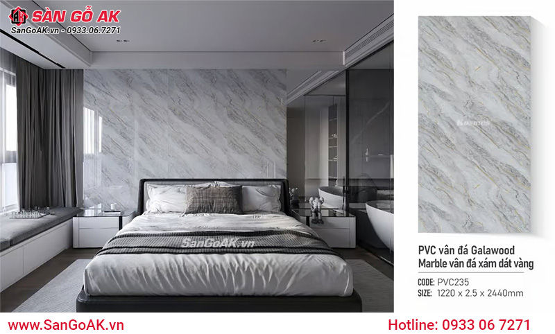 Phòng ngủ ốp nhựa giả đá xám dát vàng