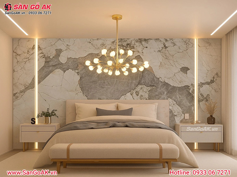 Phòng ngủ sang trọng ốp vách đầu giường tấm ốp vân đá Pandora liền vân