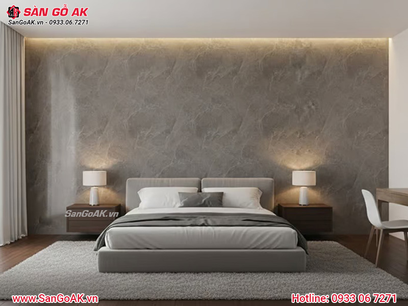 Phòng ngủ tối giản ốp tường nhựa giả đá xám trơn