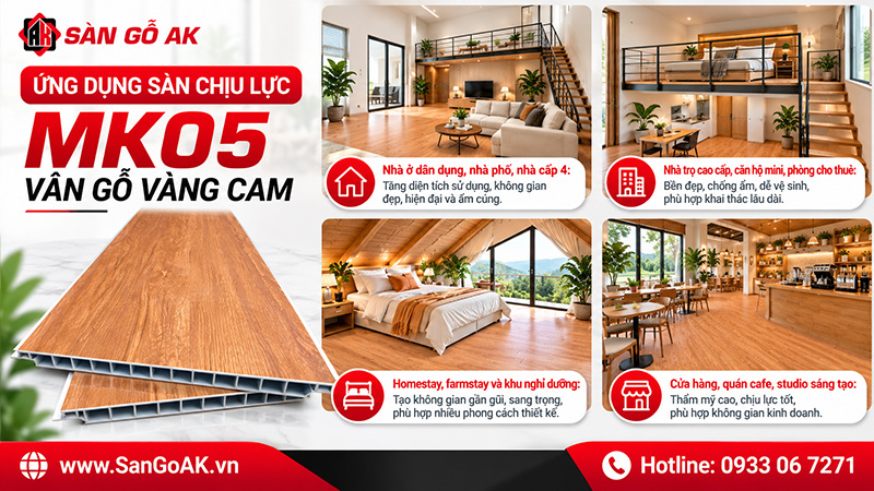 MK05 – Vàng cam vân gỗ có thể ứng dụng làm gác lửng hoặc gác xép cho nhà ở hoặc nhà cho thuê