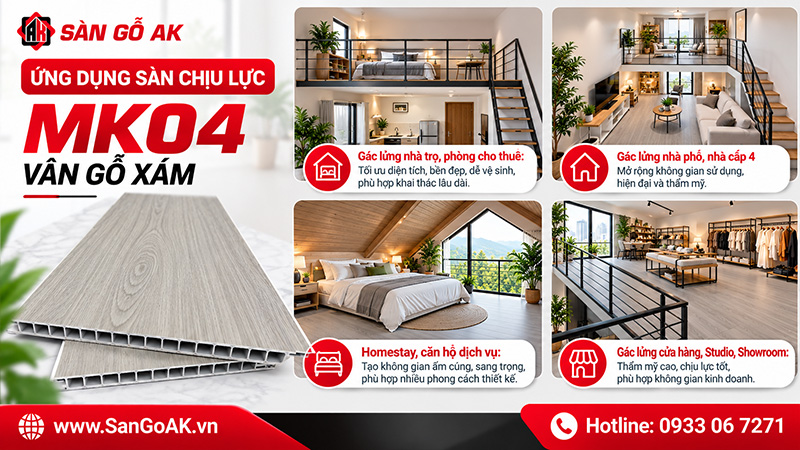 MK04 – Xám vân gỗ có thể ứng dụng làm gác lửng hoặc gác xép cho nhà ở hoặc nhà cho thuê