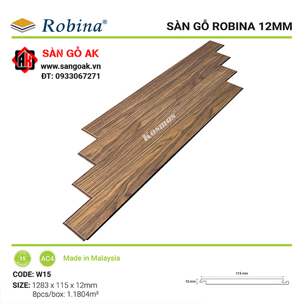 Sàn gỗ công nghiệp Malaysia Robina dày 12mm W15 