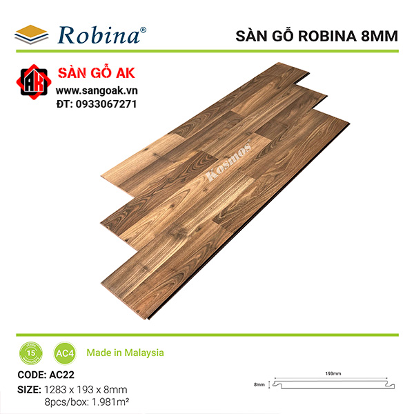 Sàn gỗ công nghiệp Malaysia Robina dày 8mm AC22