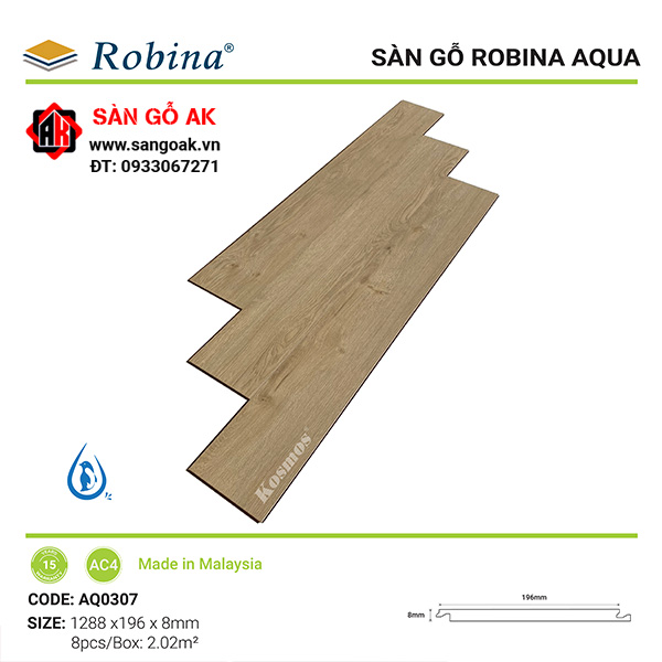 Sàn gỗ công nghiệp Malaysia Robina dày 8mm Aqua AQ0307 màu Robel XL