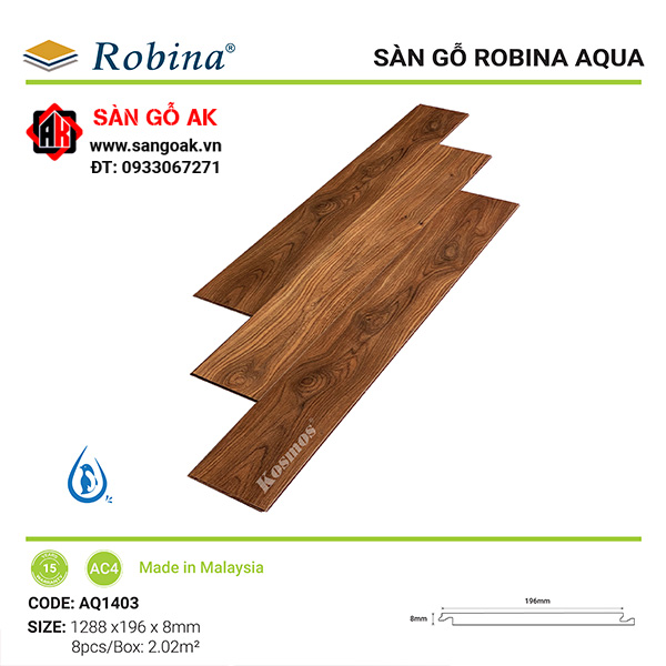 Sàn gỗ công nghiệp Malaysia Robina Aqua AQ1403 dày 8mm màu Presrissimo Oak