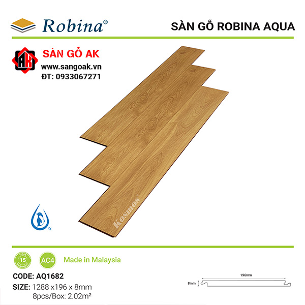 Sàn gỗ công nghiệp Malaysia Robina Aqua AQ1682 dày 8mm màu Synchro Oak