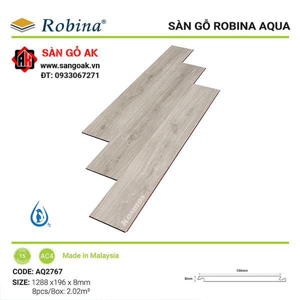 Sàn gỗ công nghiệp Malaysia Robina Aqua AQ2767 dày 8mm màu Chandelier Oak