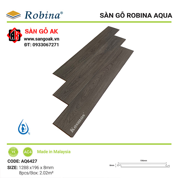 Sàn gỗ công nghiệp Malaysia Robina Aqua AQ6427 dày 8mm màu Preston Oak