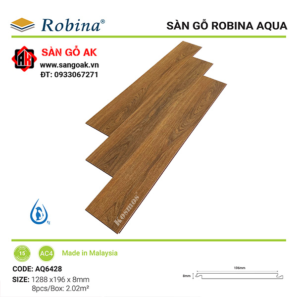 Sàn gỗ công nghiệp Malaysia Robina Aqua AQ6428 dày 8mm màu Hamilton Oak