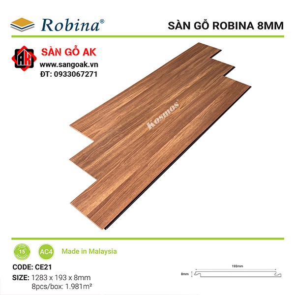Sàn gỗ công nghiệp Malaysia Robina dày 8mm CE21