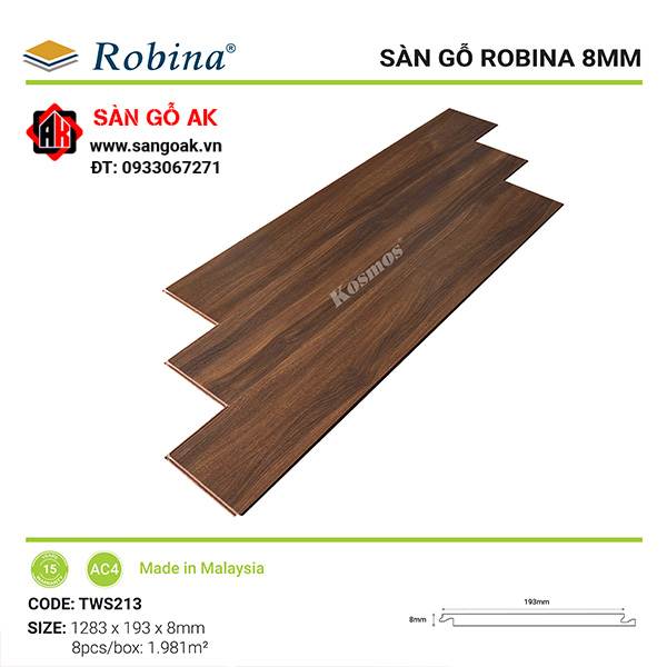 Sàn gỗ công nghiệp Malaysia Robina dày 8mm TWS213