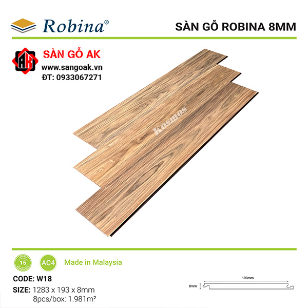 Sàn gỗ công nghiệp Malaysia Robina dày 8mm W18