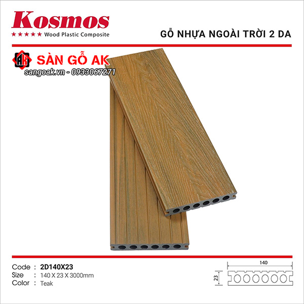 Sàn gỗ nhựa ngoài trời 2 da Kosmos 2D140X23 màu gỗ Teak