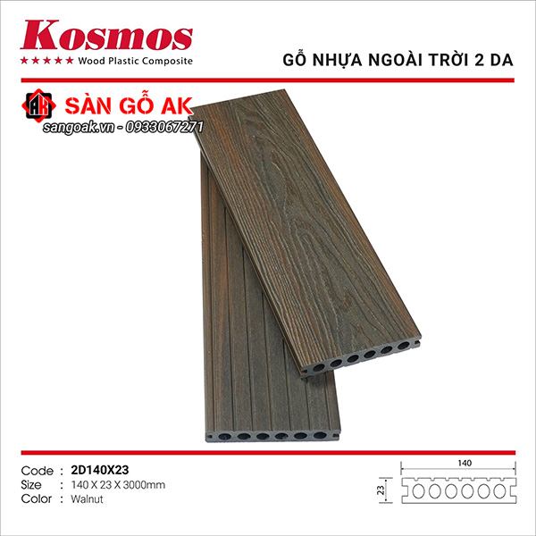 Sàn gỗ nhựa ngoài trời 2 da Kosmos 2D140X23 màu gỗ Walnut