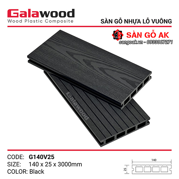 Sàn gỗ nhựa ngoài trời Galawood G140V25 Black chống mối, chống nước tốt