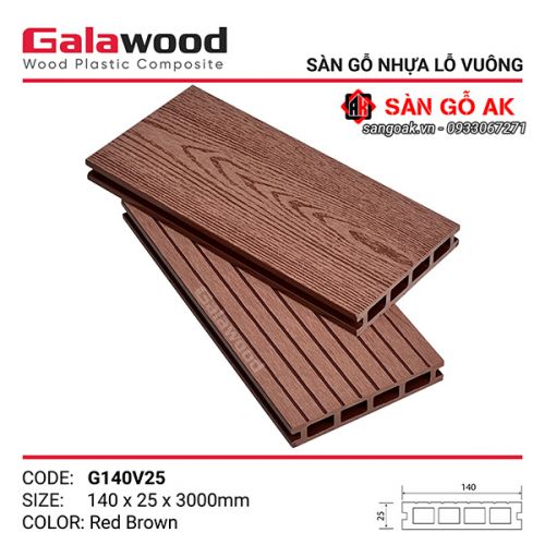 Sàn gỗ nhựa ngoài trời Galawood lỗ vuông G140V25 Red Brown