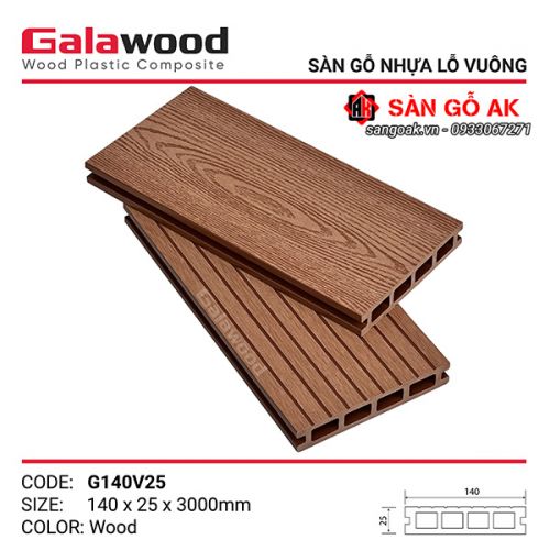 Sàn gỗ nhựa ngoài trời Galawood lỗ vuông G140V25 Wood