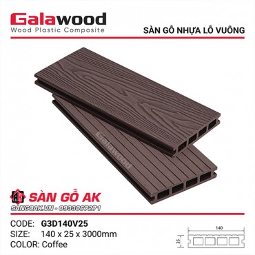 Sàn gỗ nhựa ngoài trời Galawood lỗ vuông G3D140V25 Coffee 3D