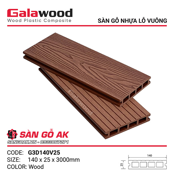 Sàn gỗ nhựa ngoài trời Galawood G3D140V25 Wood chống mối, chống nước tốt