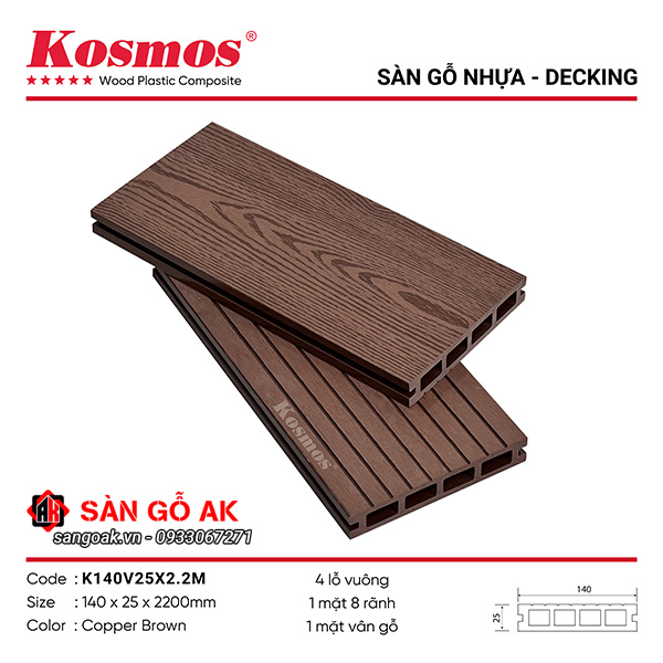Sàn gỗ nhựa ngoài trời Kosmos lỗ tròn K140V25X2.2M màu Copper Brown