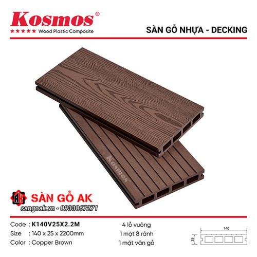 Sàn gỗ nhựa ngoài trời Kosmos lỗ vuông K140V25X2.2M Copper Brown