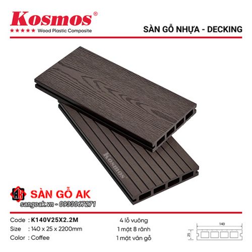 Sàn gỗ nhựa ngoài trời Kosmos lỗ vuông K140V25X2.2M Coffee
